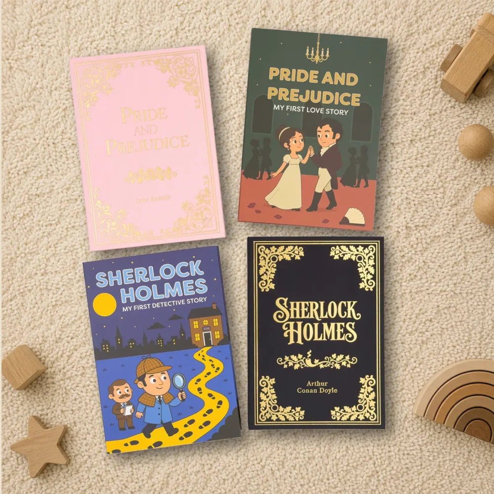 The Pride and Prejudice and Sherlock Holmes editions arranged on a play mat with wooden toys
