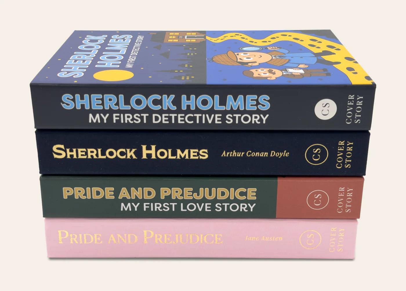 A stack of the four Cover Story editions, Sherlock Holmes and Pride and Prejudice in Newborn and Classic
