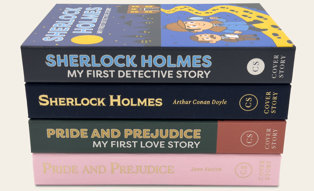 A stack of the four Cover Story editions, Sherlock Holmes and Pride and Prejudice in Newborn and Classic